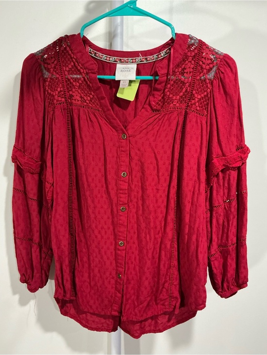 Knox Rose Tops - Knox Rose Red Button-Front Crochet Yoke Peasant Blouse